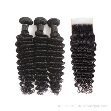 Wholesale BrazilIan Hair Deep Wave Hair 4 Bundles with Closure Remy Human Hair Weave Bundles With Closure Natural Color